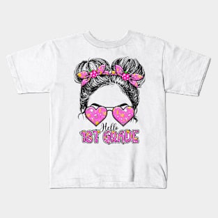 Kids Hello First Grade Messy Bun Girls 1st Grade Back To School Kids T-Shirt